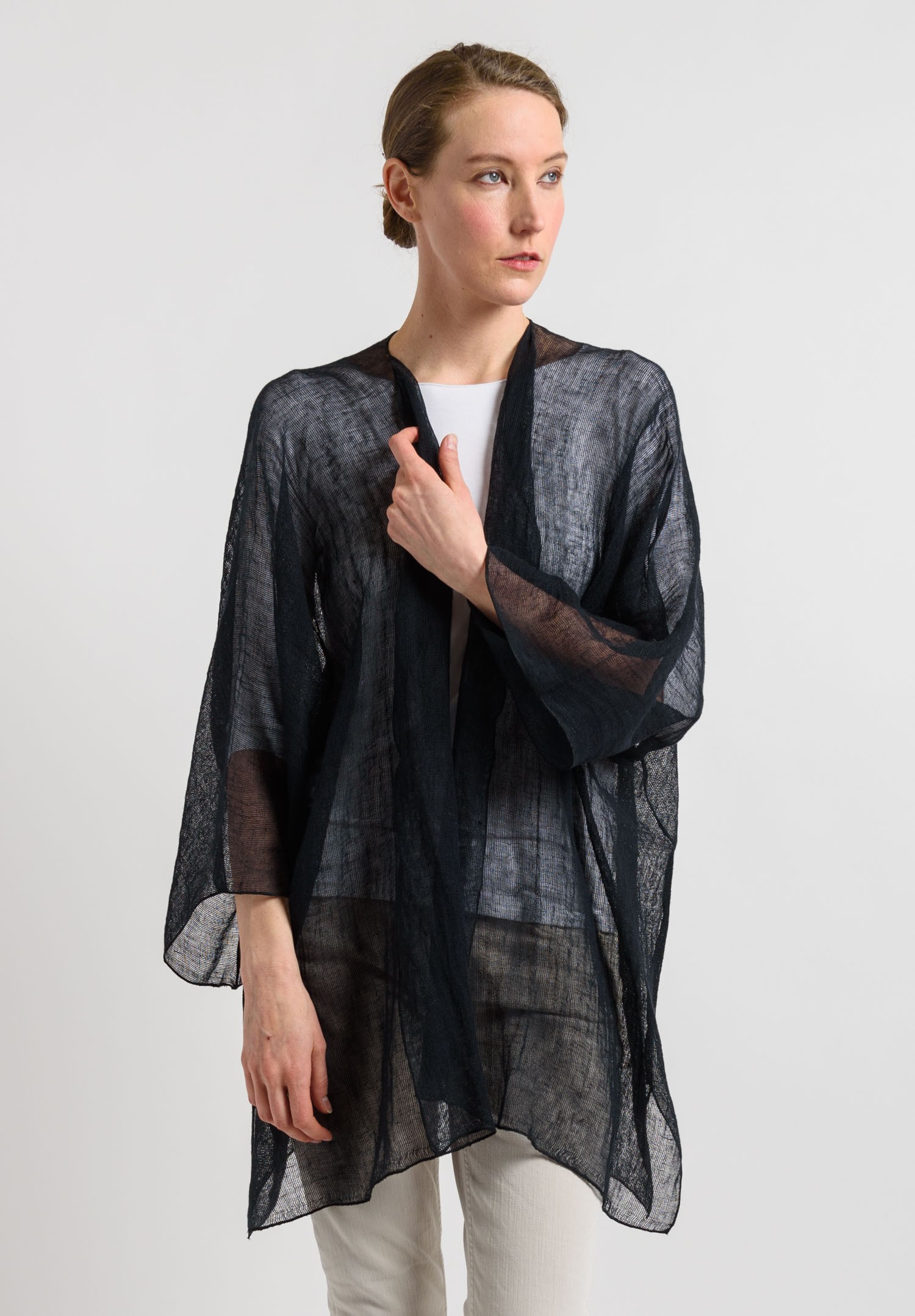 Shi Linen Gauze Long Open Cardigan in Black Santa Fe Dry Goods