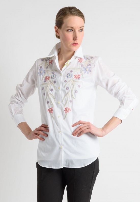 Etro Hand Embroidered Floral Button Down Shirt in White	