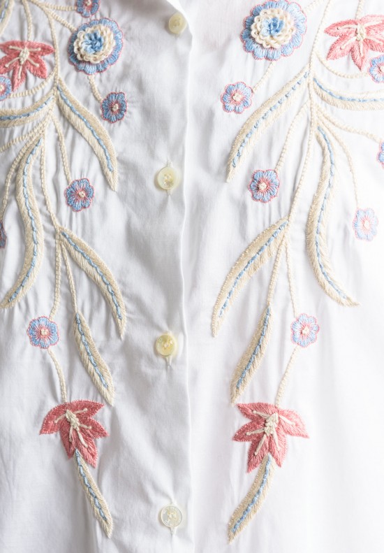 Etro Hand Embroidered Floral Button Down Shirt in White	