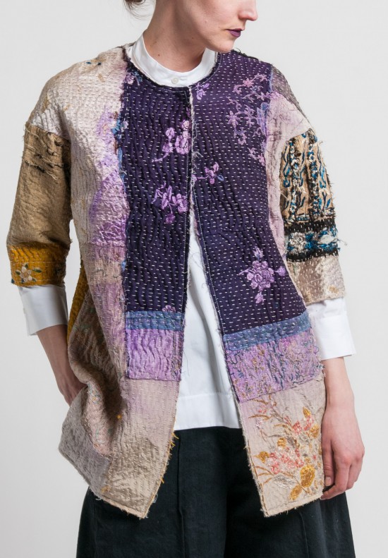 By Walid Silk Mid-Length Jacket in Light Beige/Purple	