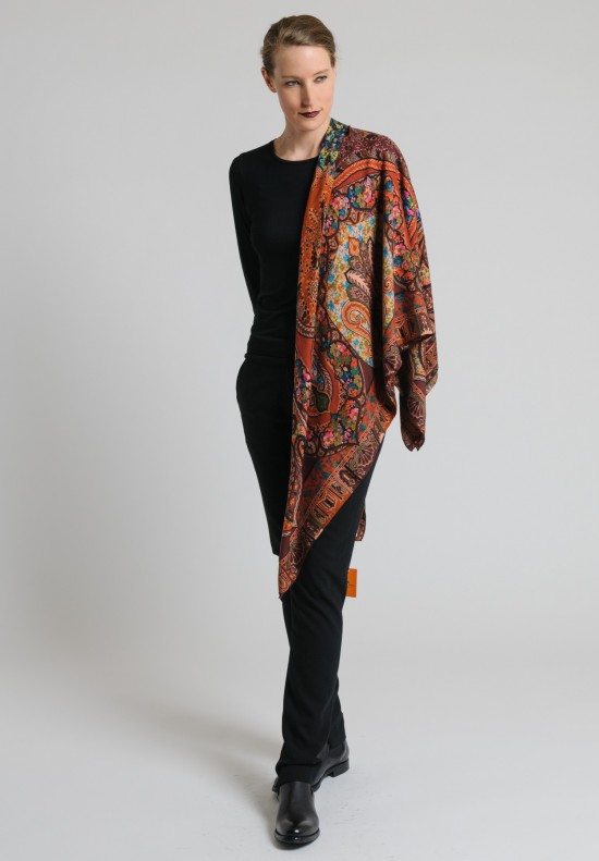 Etro Cashmere/Silk Large Square Paisley & Floral Scarf in Chocolate/Sienna	