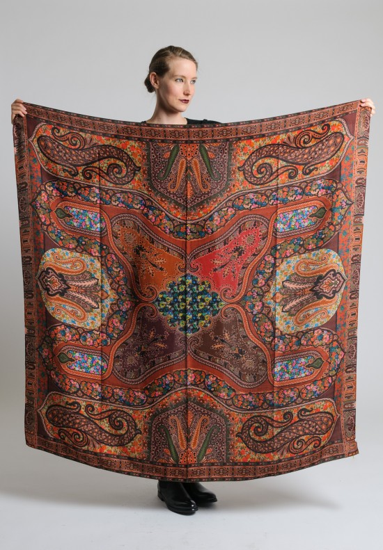 Etro Cashmere/Silk Large Square Paisley & Floral Scarf in Chocolate/Sienna	