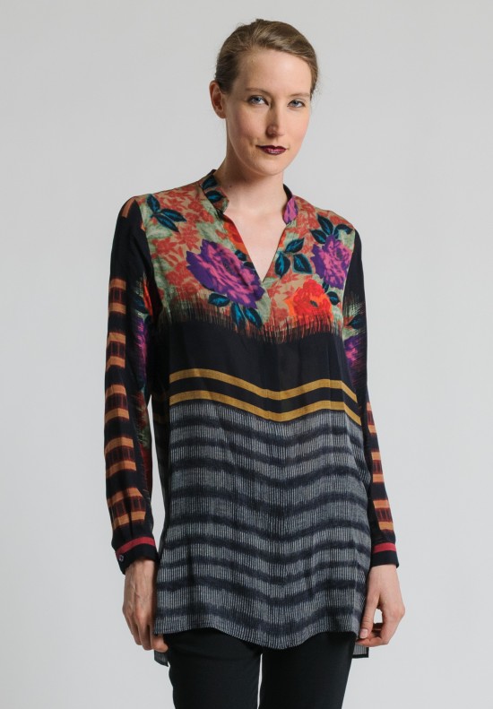 Etro Long Floral & Striped Top in Black	
