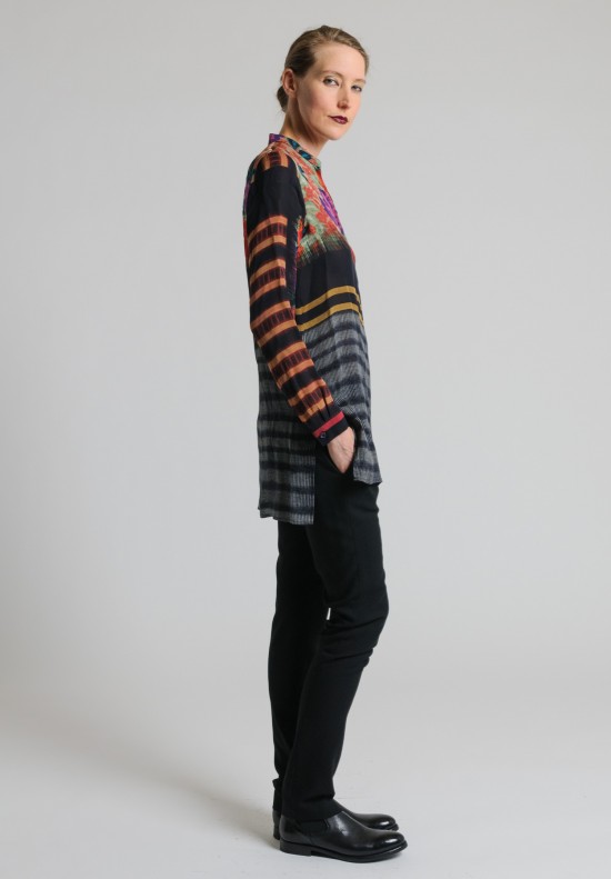 Etro Long Floral & Striped Top in Black	