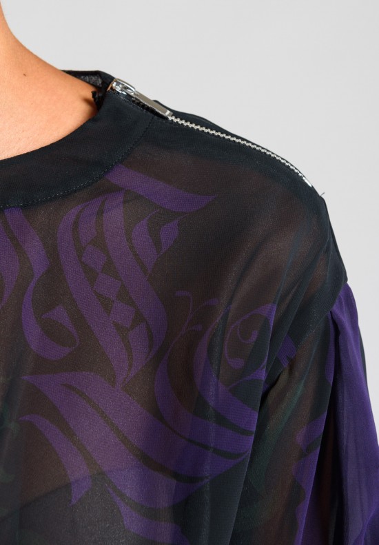 Sacai Calligraphy Print Sheer Top in Purple/Black	