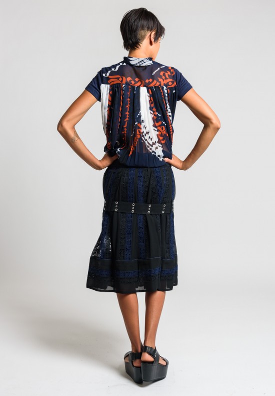 Sacai Calligraphy Embroidered Regimental Skirt in Black/Navy	