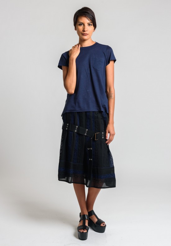 Sacai Calligraphy Embroidered Regimental Skirt in Black/Navy	