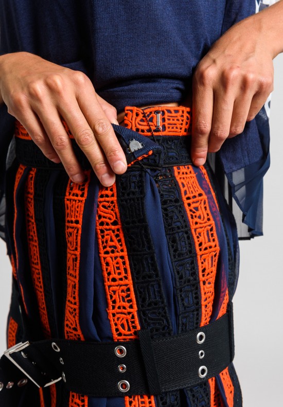 Sacai Calligraphy Embroidered Regimental Skirt in Navy/Orange	