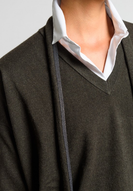 Brunello Cucinelli Cashmere Paillette Tie V-Neck Sweater in Dark Olive	