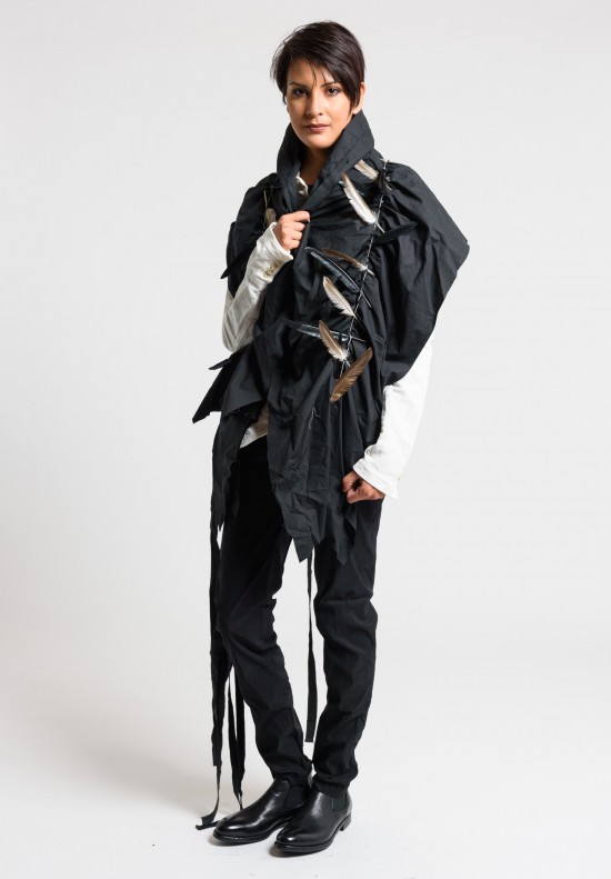 Rundholz Ruffle and Hand Tacked Feathers Scarf in Black	