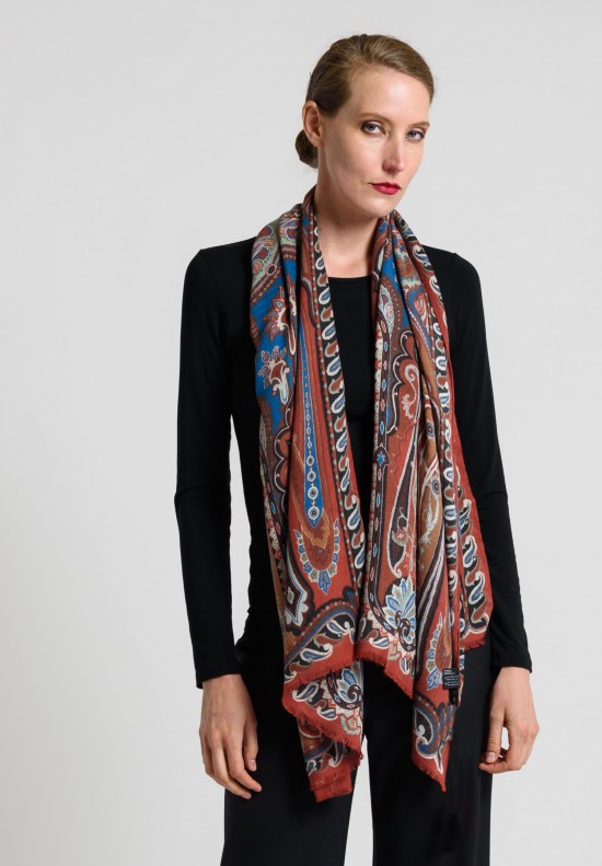 Etro Wool/Silk Paisley Scarf in Natural/Blue	