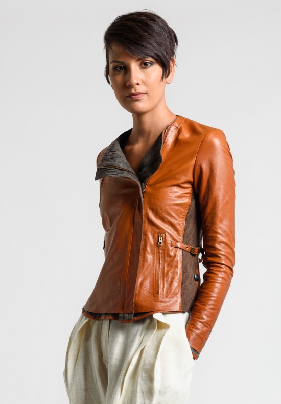 Share Spirit Leather Fitted Jacket in Warm Brown	