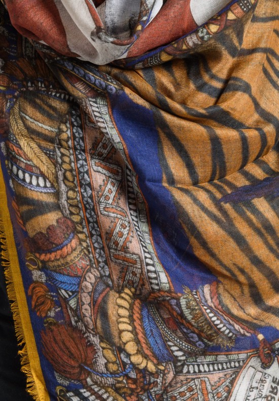 Sabina Savage Tasseled Tigers Sheer Scarf in Cobalt/Copper	