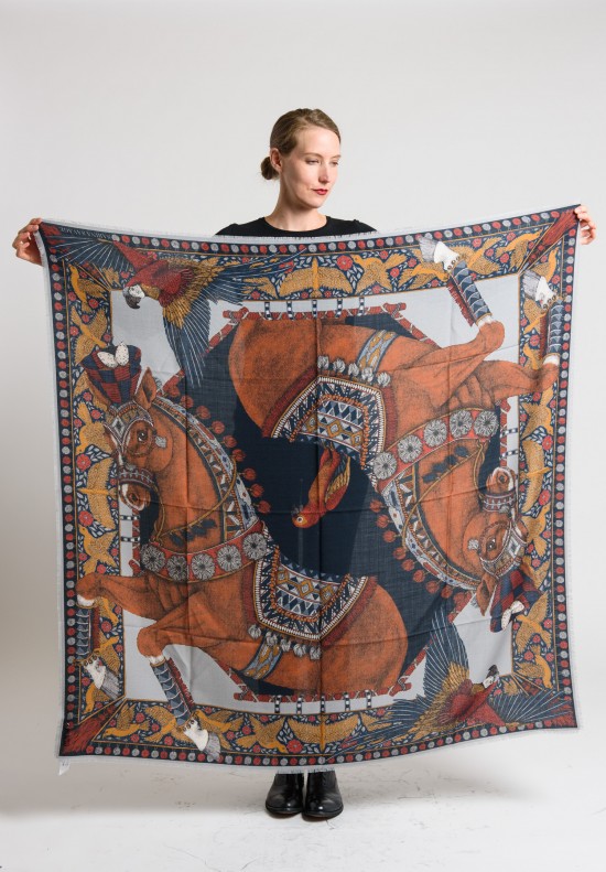 Sabina Savage Ponies and Parrots Scarf in Navy/Chestnut	
