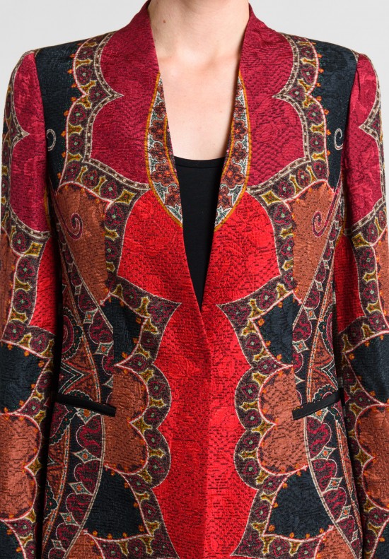 Etro Collarless Textured Jacquard Jacket in Red Multi	