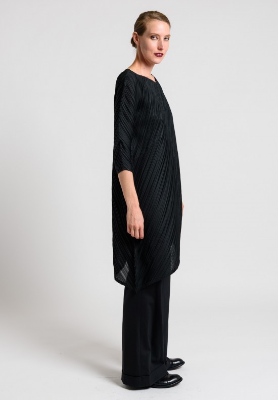 Issey Miyake Pleats Please Asymmetrical Pleated Tunic Dress in Black	