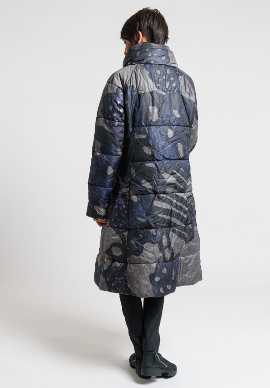 Rundholz Black Label Shawl Collar Long Puffy Coat in Volcano Print	