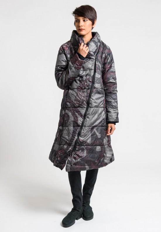 Rundholz Black Label Shawl Collar Long Puffy Coat in Lava Print	