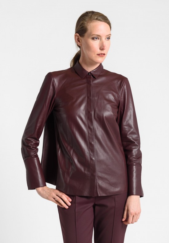 Akris Point Collar Leather Shirt in Aubergine	