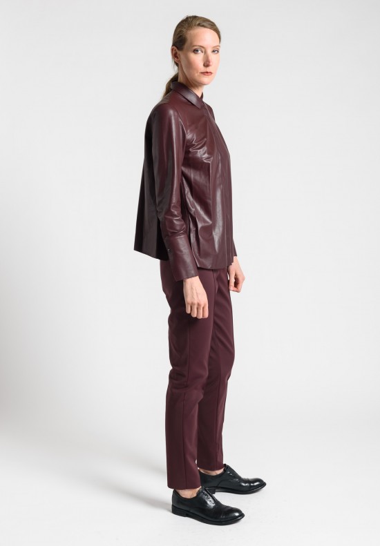 Akris Point Collar Leather Shirt in Aubergine	