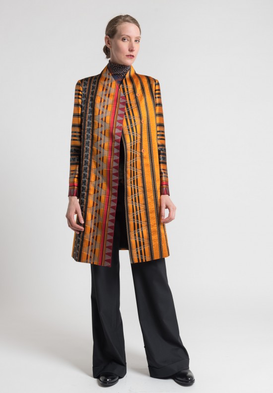 Etro Collarless Jacquard Coat in Orange Multi	