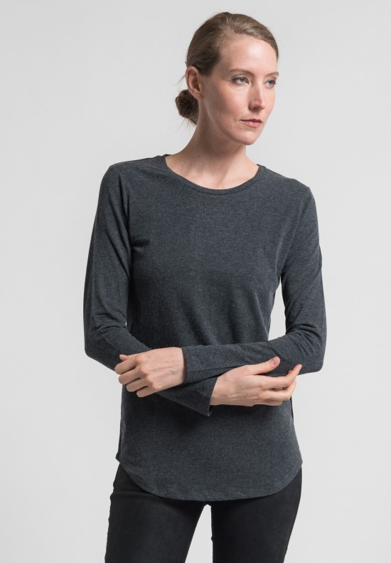 Majestic Cotton/Cashmere Long Sleeve Crew Neck Tee in Anthracite	
