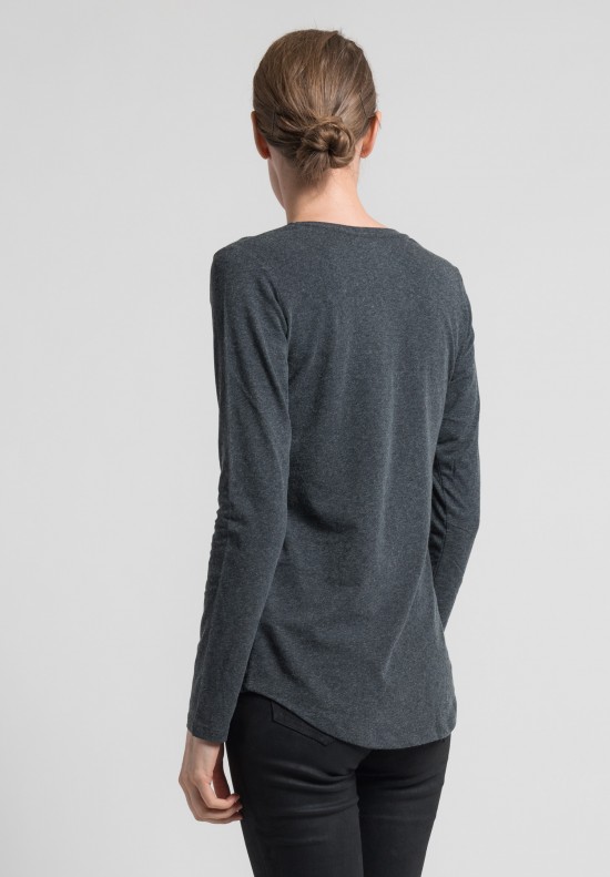 Majestic Cotton/Cashmere Long Sleeve Crew Neck Tee in Anthracite	