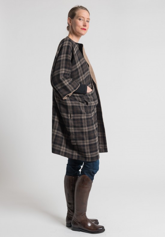 Daniela Gregis Wool Reversible Coat in Natural/Tartan	