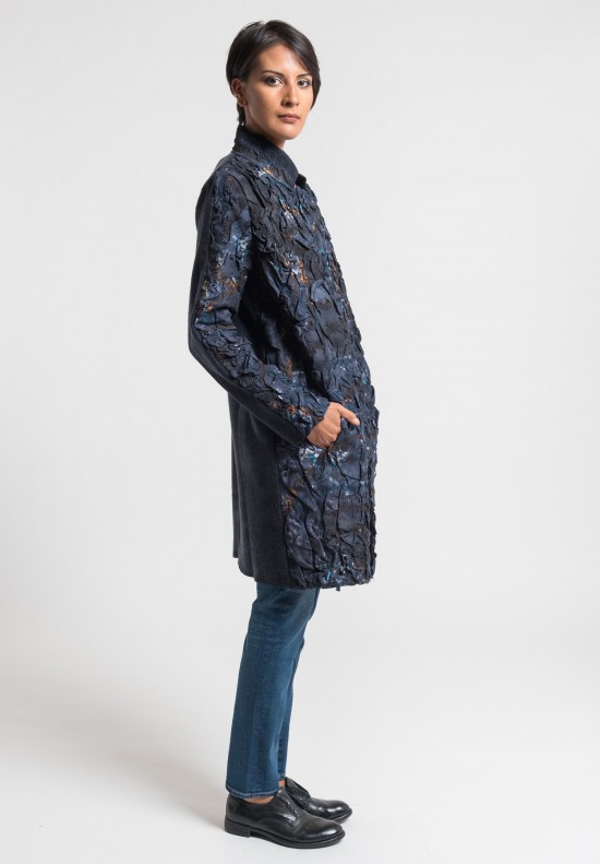 	Avant Toi Scrunched & Felted Silk Scarf Detail Coat in Blue Navy
