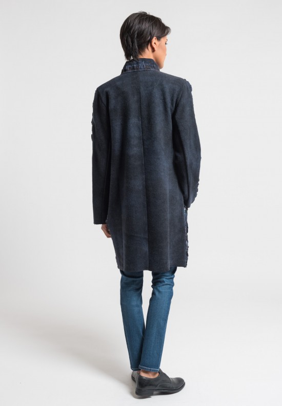 	Avant Toi Scrunched & Felted Silk Scarf Detail Coat in Blue Navy