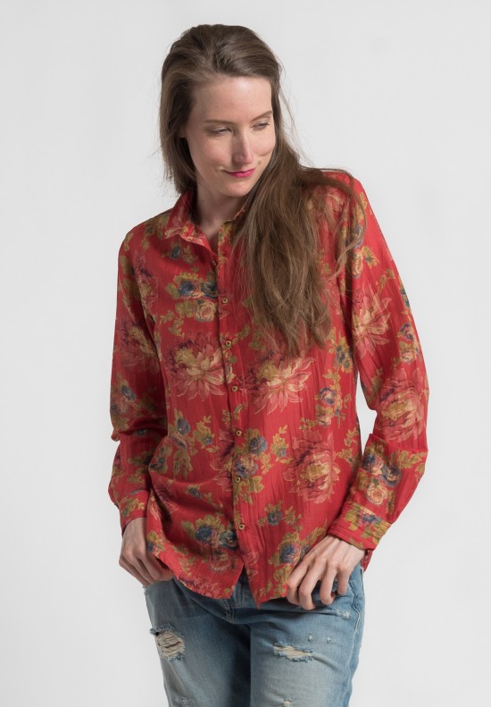 Péro Cotton Floral Point Collar Shirt in Red	