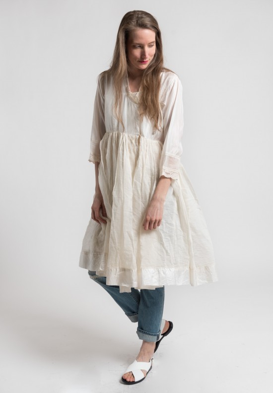 Péro Silk & Cotton Gathered Skirt Peasant Dress in Cream	
