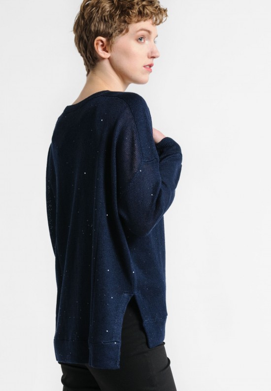 Brunello Cucinelli Linen/Silk Paillette Boxy Sweater in Navy	