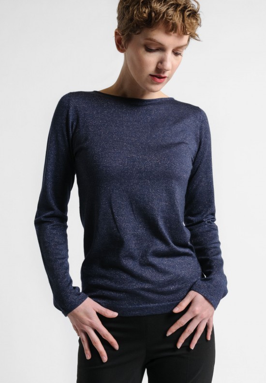 Brunello Cucinelli Fitted Bateau Neck Paillette Sweater in Navy	
