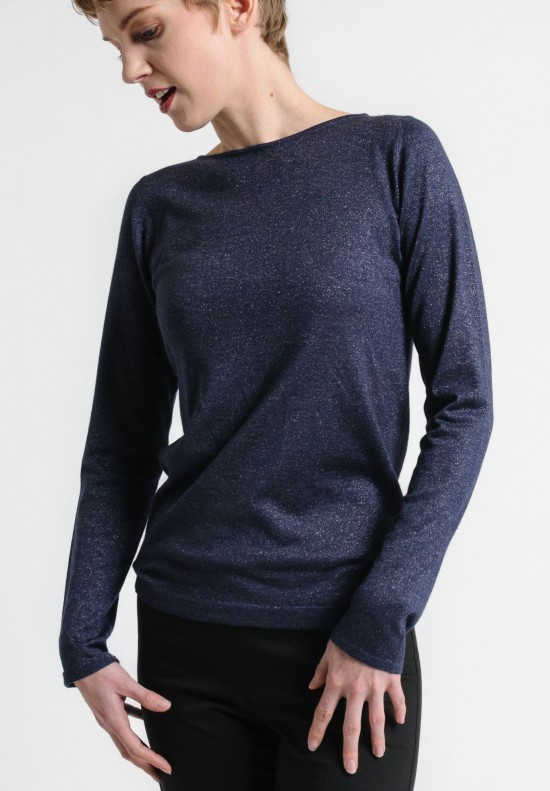 Brunello Cucinelli Fitted Bateau Neck Paillette Sweater in Navy	