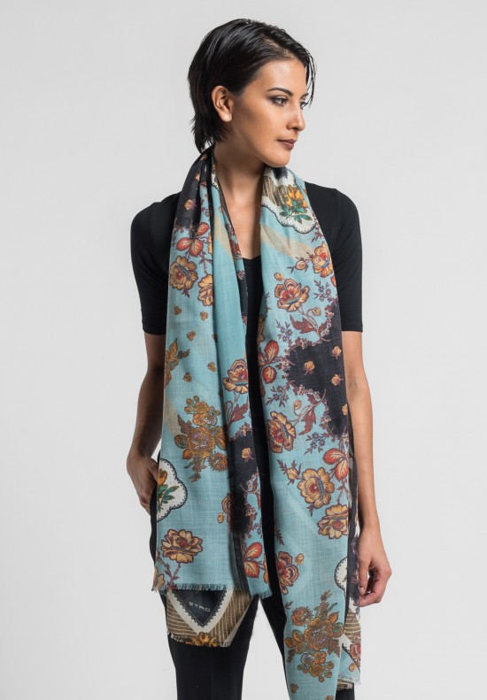 Etro Silk/Wool Long Floral Scarf in Light Blue	