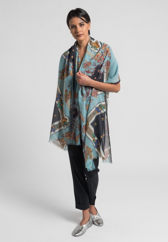 Etro Silk/Wool Long Floral Scarf in Light Blue	