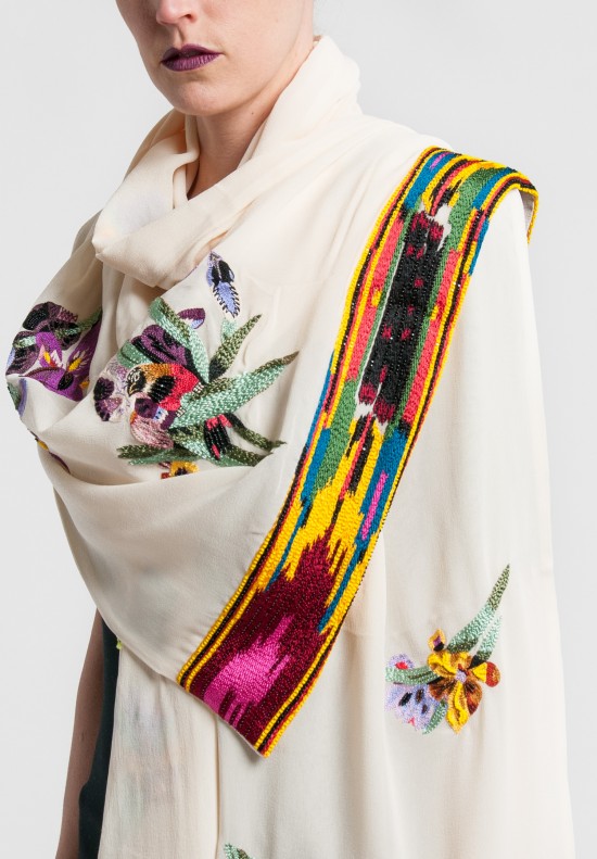 Etro Silk Embroidered & Beaded Scarf in Cream	
