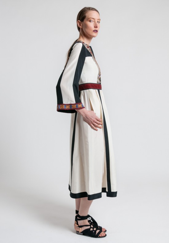 Etro Silk Embroidered & Beaded Long Dress in White/Black	