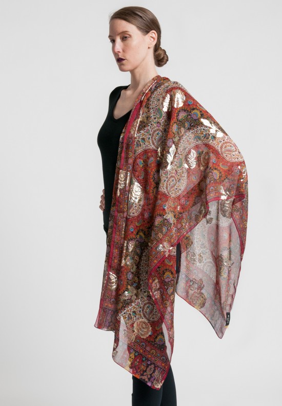 Etro Silk/Metallic Floral & Paisley Scarf in Red	