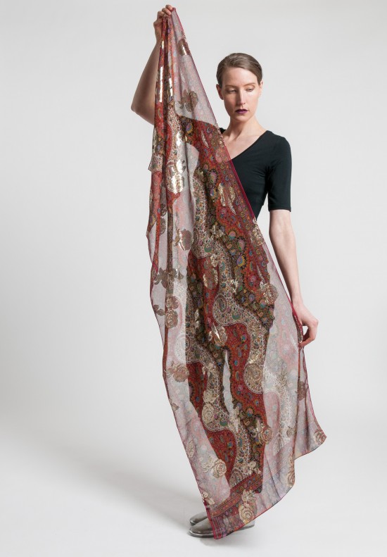 Etro Silk/Metallic Floral & Paisley Scarf in Red	