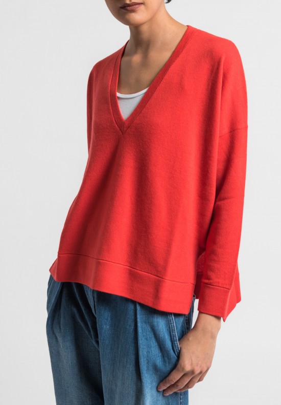 Brunello Cucinelli Cashmere Boxy V-Neck Sweater in Bright Red	