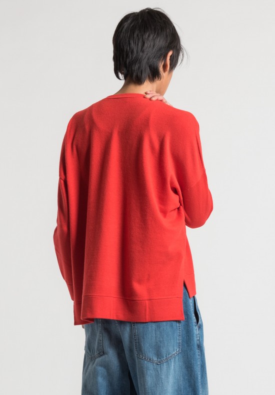 Brunello Cucinelli Cashmere Boxy V-Neck Sweater in Bright Red	
