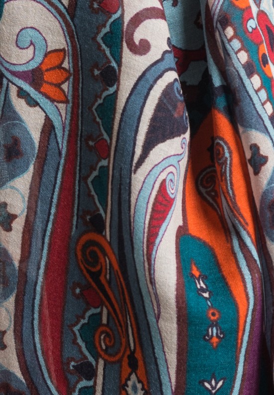 Etro Lightweight Silk/Wool Paisley Scarf in Teal/Red	