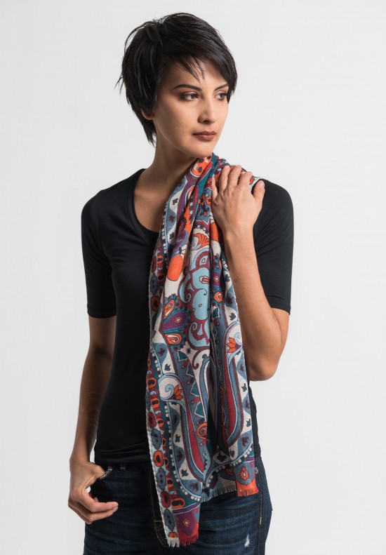 Etro Lightweight Silk/Wool Paisley Scarf in Teal/Red	