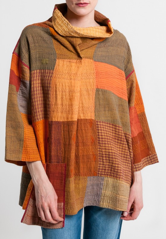Mieko Mintz 2-Layer Brocade Patched Stand Collar Tunic in Ocher Mix	
