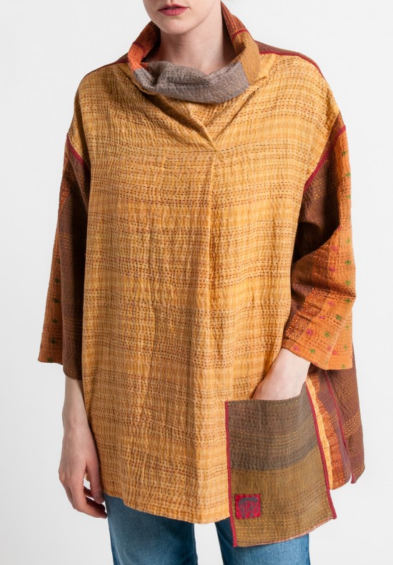 Mieko Mintz 2-Layer Brocade Patched Stand Collar Tunic in Ocher Mix	