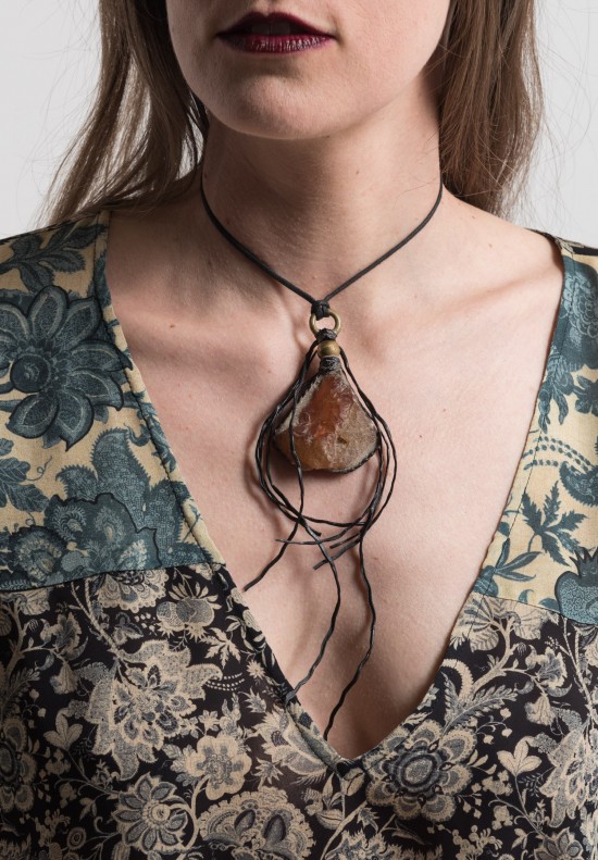 Lou Zeldis Vintage Amber & Leather Fringe Pendant	