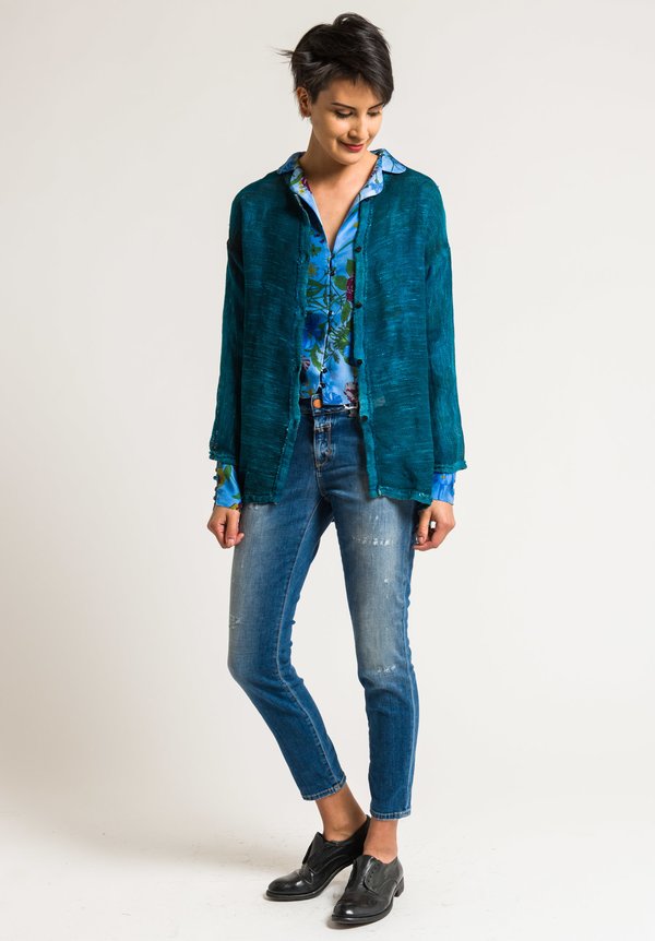 Avant Toi Linen/Cotton Mesh Shirt Jacket in Turquoise