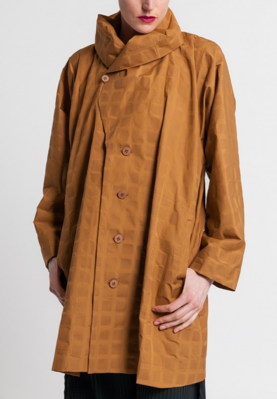 Issey Miyake Long Crumpled Grid Jacket in Copper